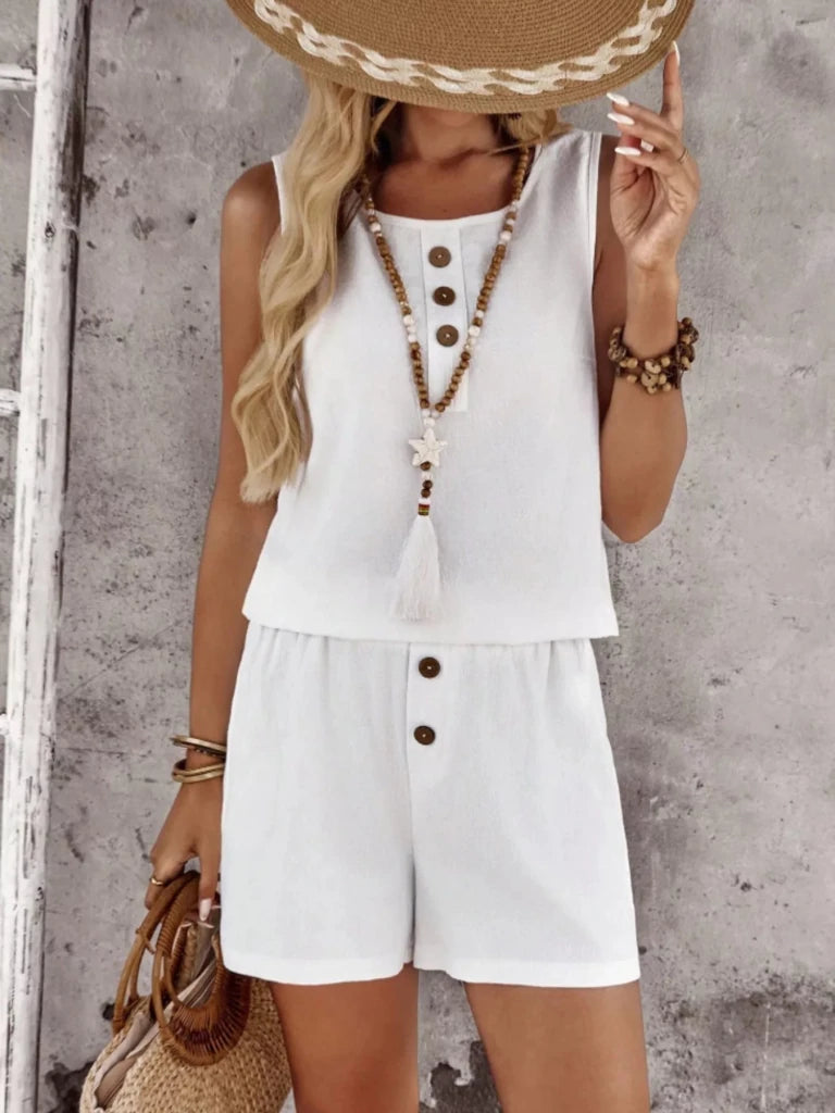 Decor Button Round Neck Tank and Shorts Set - White by Trendsi from FREYA’S CLOSET