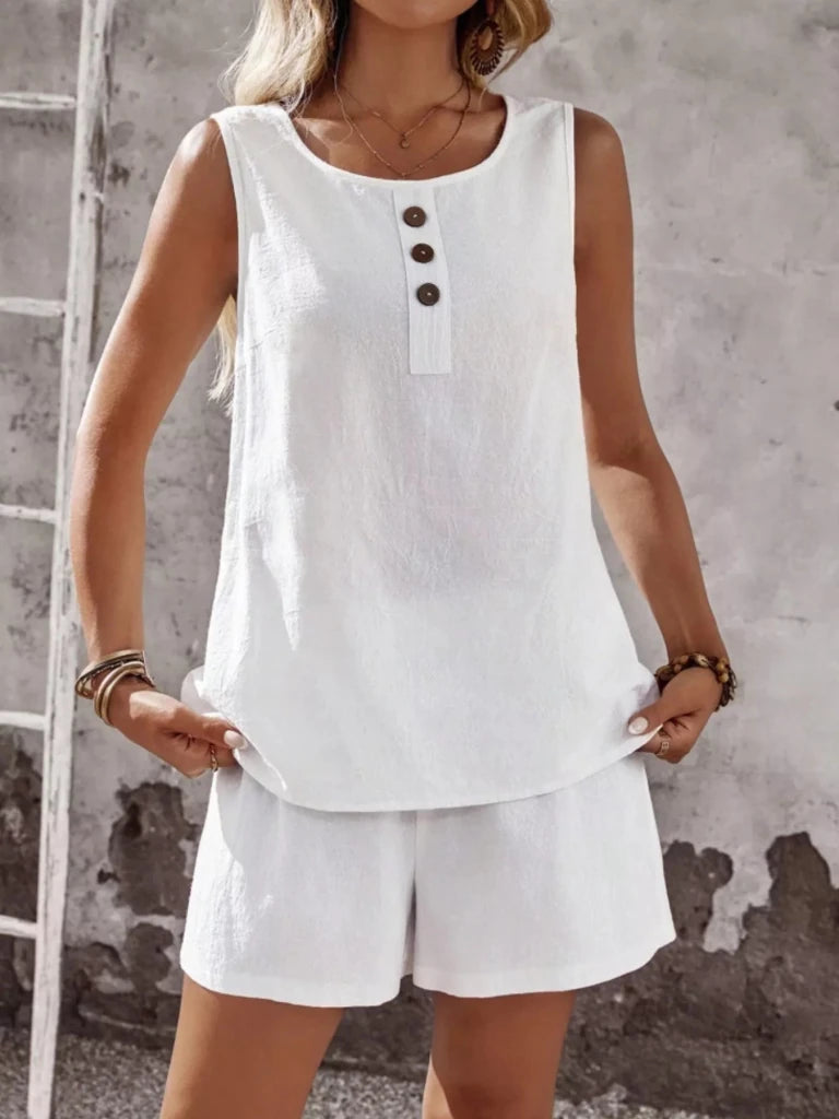 Decor Button Round Neck Tank and Shorts Set - White by Trendsi from FREYA’S CLOSET