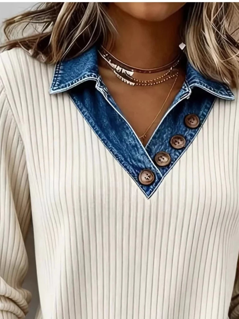 Denim collar ribbed knit top, view 2