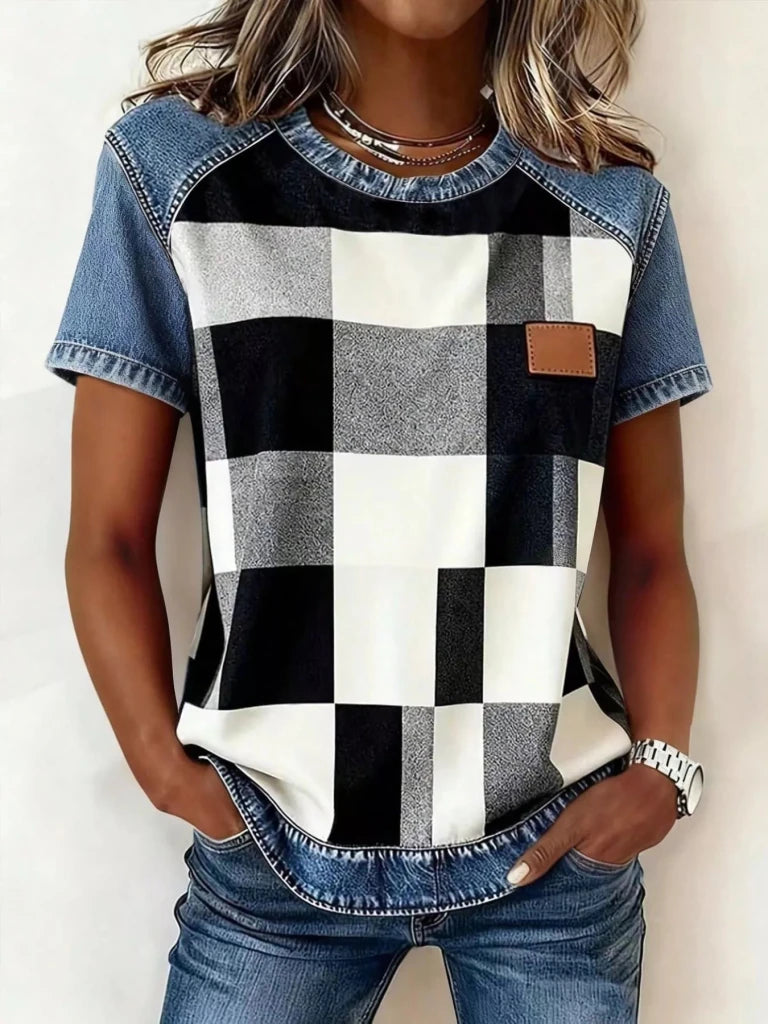 Denim patchwork short sleeve blouse, view 3