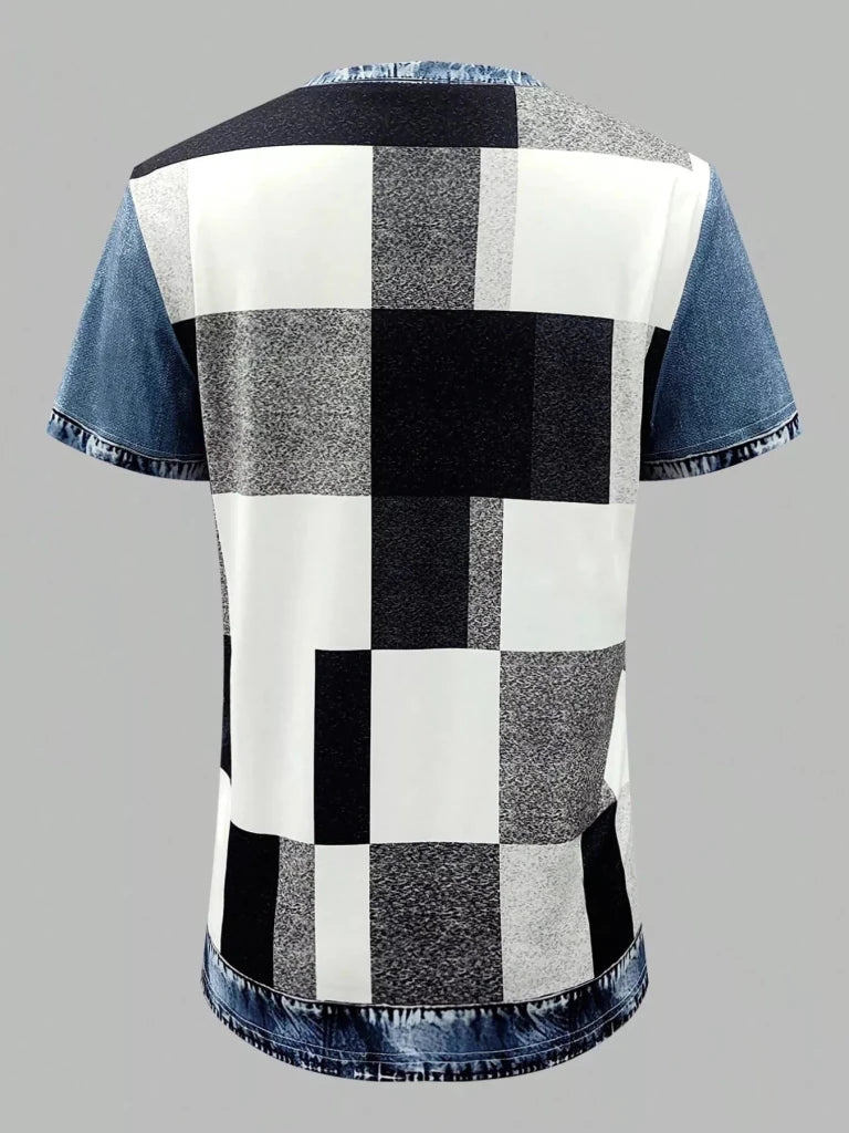 Denim patchwork short sleeve blouse, view 4