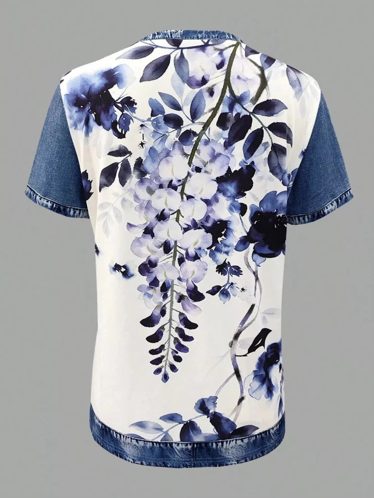 Denim patchwork short sleeve blouse, view 8
