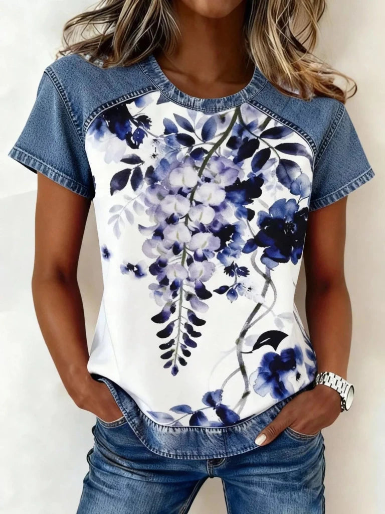 Denim patchwork short sleeve blouse, view 7