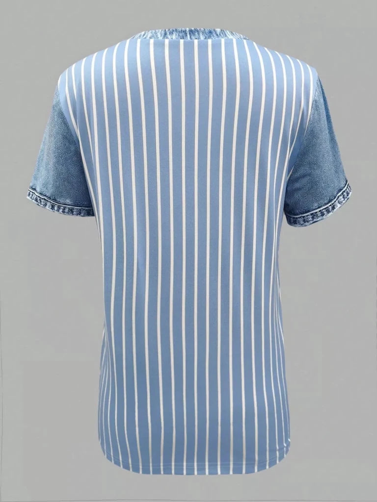 Denim patchwork short sleeve blouse, view 2