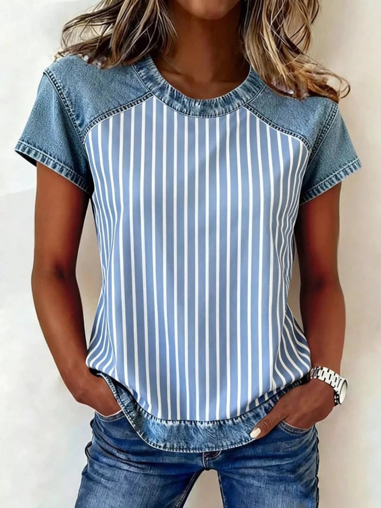 Denim patchwork short sleeve blouse