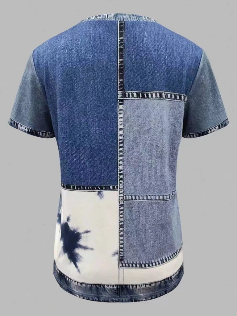 Denim patchwork short sleeve blouse, view 12