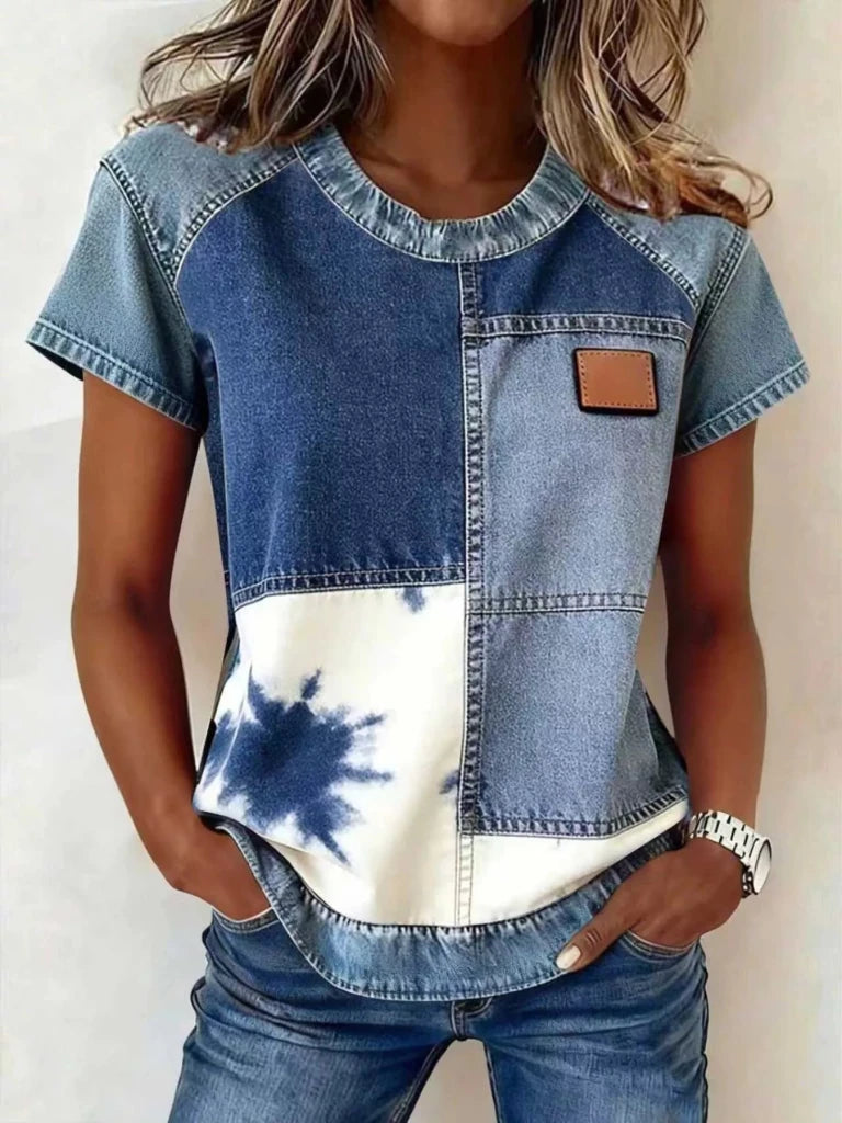 Denim patchwork short sleeve blouse, view 11