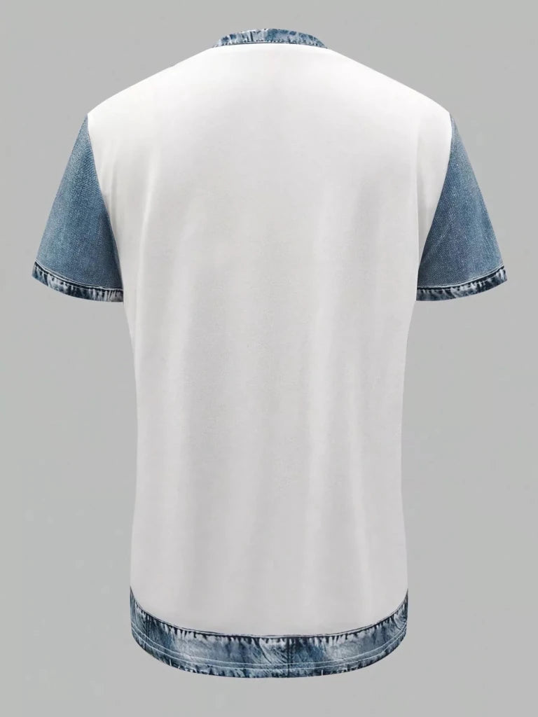 Denim patchwork short sleeve blouse, view 10