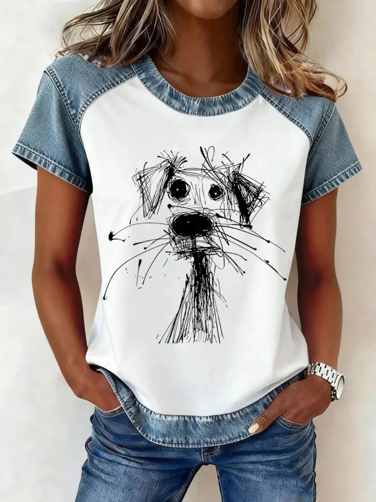 Denim patchwork short sleeve blouse, view 9