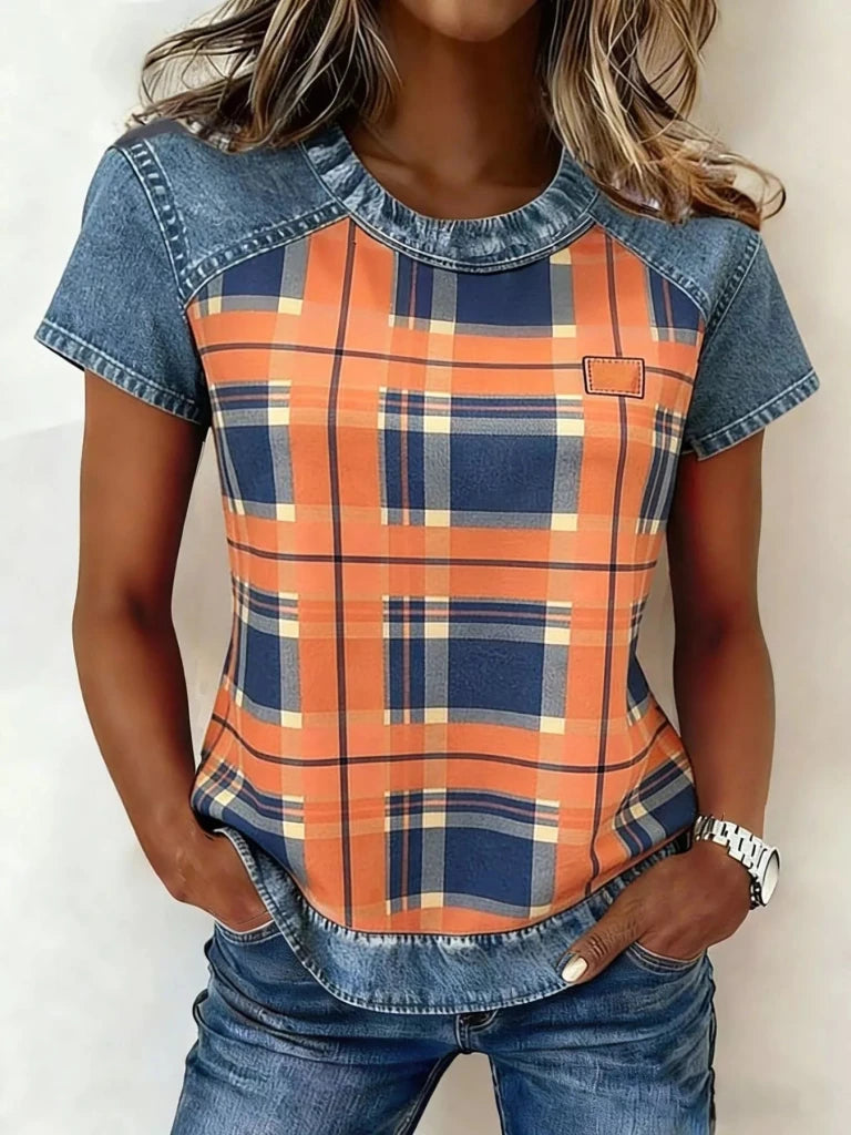 Denim patchwork short sleeve blouse, view 13