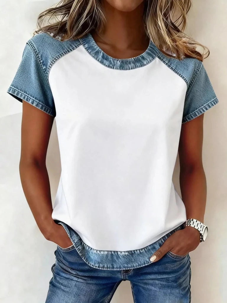 Denim patchwork short sleeve blouse, view 5