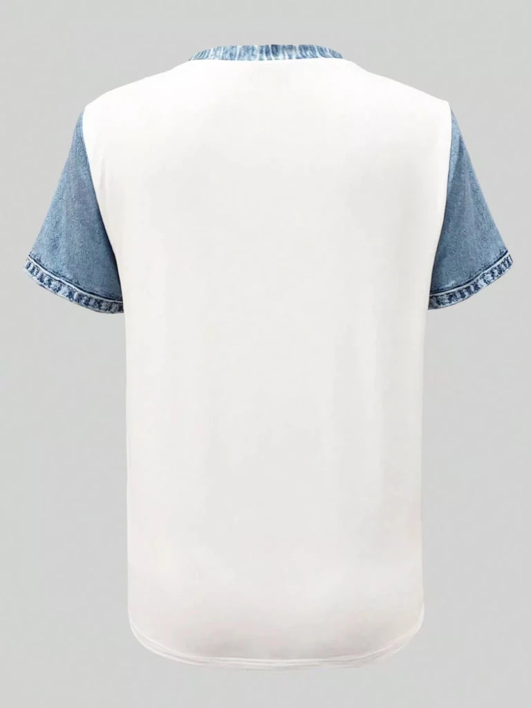 Denim patchwork short sleeve blouse, view 6