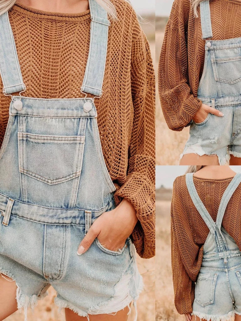 Distressed denim overall shorts, view 4
