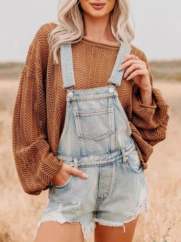 Distressed denim overall shorts, view 3