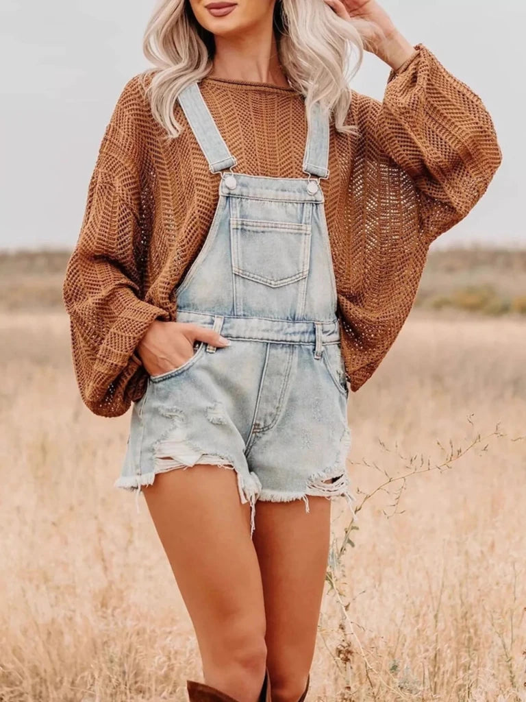 Distressed denim overall shorts, view 7