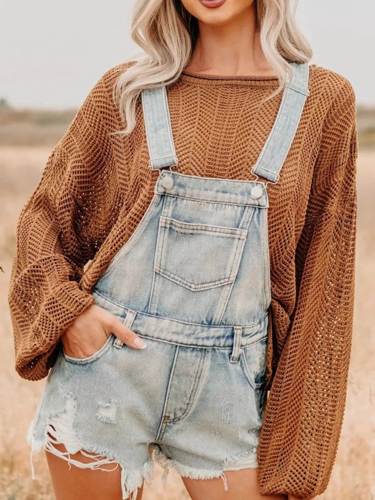 Distressed denim overall shorts