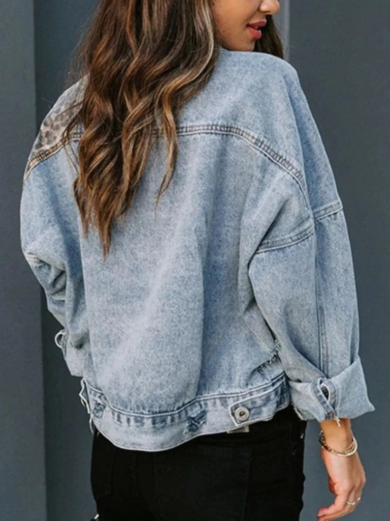 Distressed Leopard Drop Shoulder Denim Jacket - Leopard by Trendsi from FREYA’S CLOSET