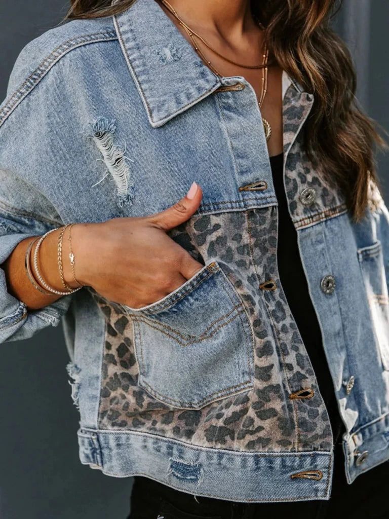 Distressed Leopard Drop Shoulder Denim Jacket - Leopard by Trendsi from FREYA’S CLOSET