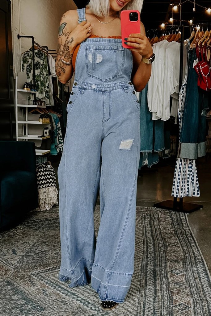 Distressed Wide Leg Denim Overalls - Light Blue by Trendsi from FREYA’S CLOSET