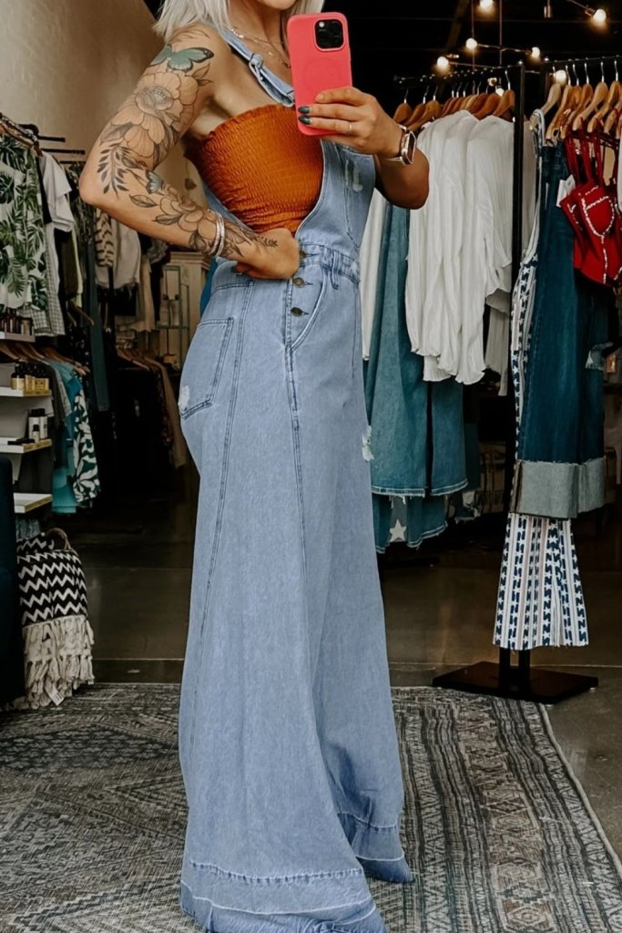 Distressed Wide Leg Denim Overalls - Light Blue by Trendsi from FREYA’S CLOSET