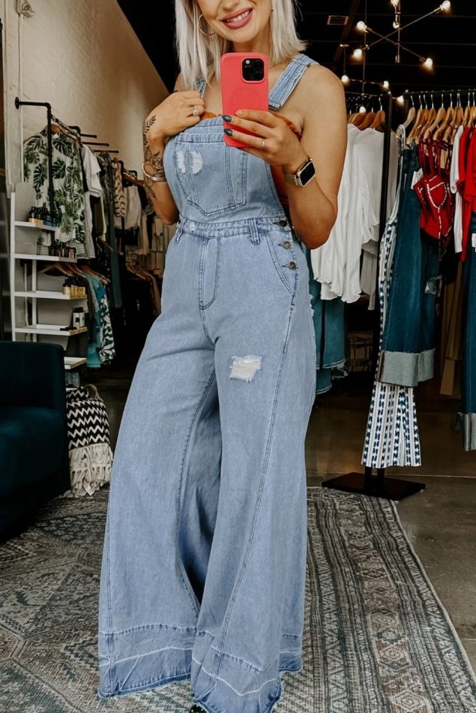 Distressed Wide Leg Denim Overalls - Light Blue by Trendsi from FREYA’S CLOSET