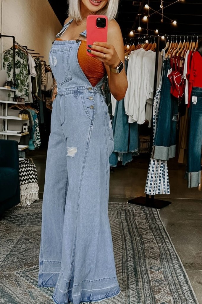 Distressed Wide Leg Denim Overalls - Light Blue by Trendsi from FREYA’S CLOSET
