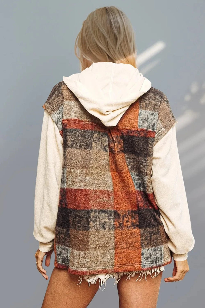 Trendsi Double Take Contrast Long Sleeve Hooded Plaid Jacket