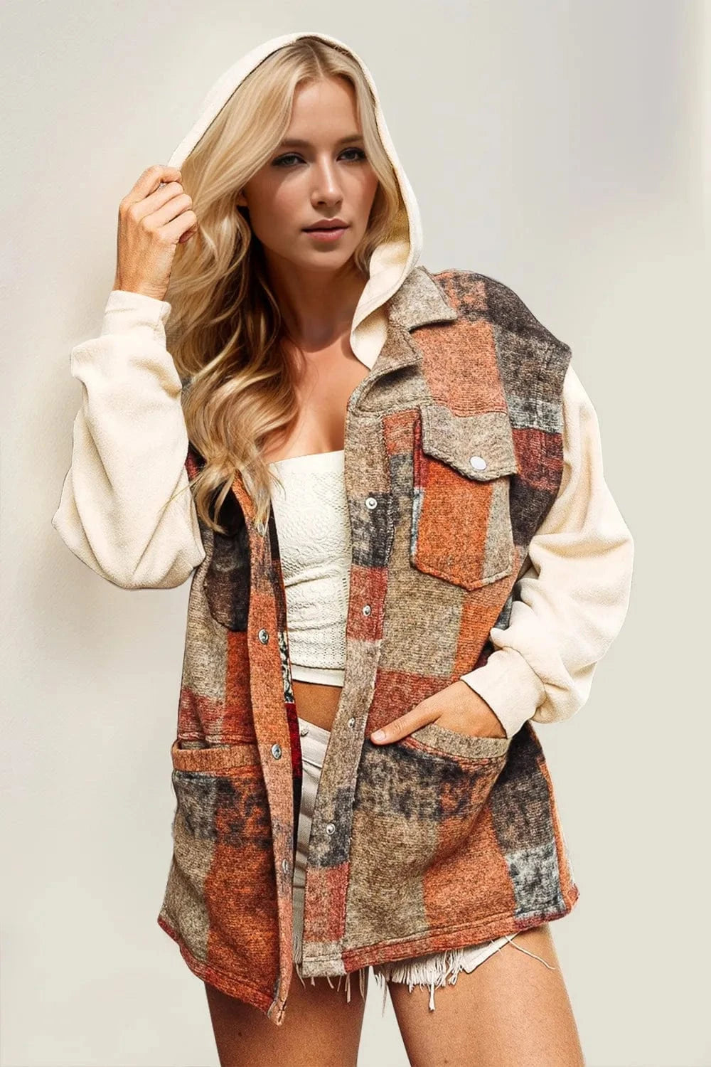 Trendsi Cream / S Double Take Contrast Long Sleeve Hooded Plaid Jacket