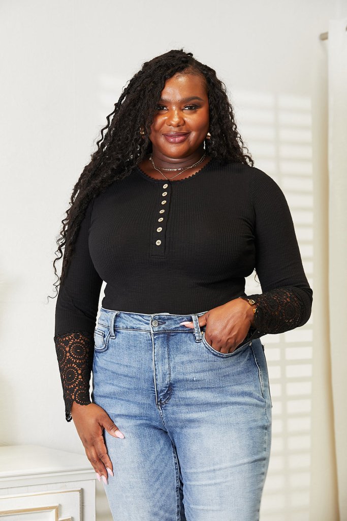 Double Take crochet lace hem sleeve button top, alternate product image
