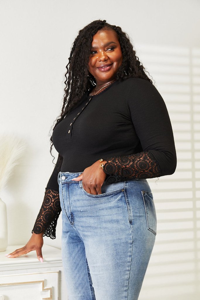 Double Take crochet lace hem sleeve button top, alternate product image