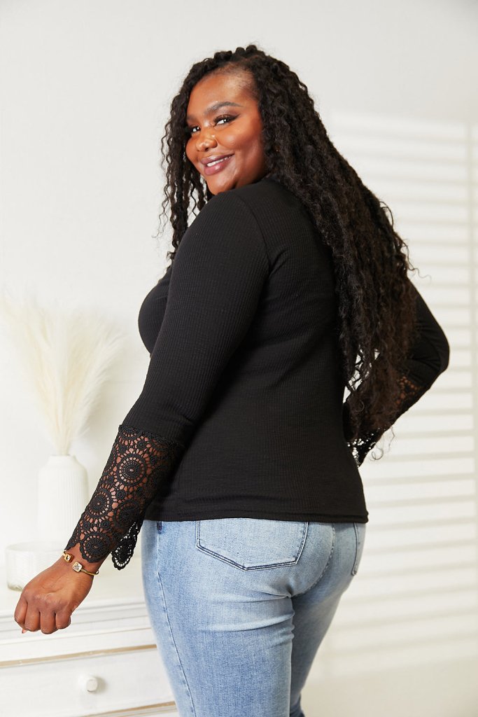 Double Take crochet lace hem sleeve button top, alternate product image