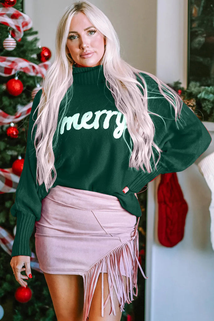 Double Take Full Size Merry Christmas Turtleneck Long Sleeve Sweater - Dark Green by Trendsi from FREYA’S CLOSET