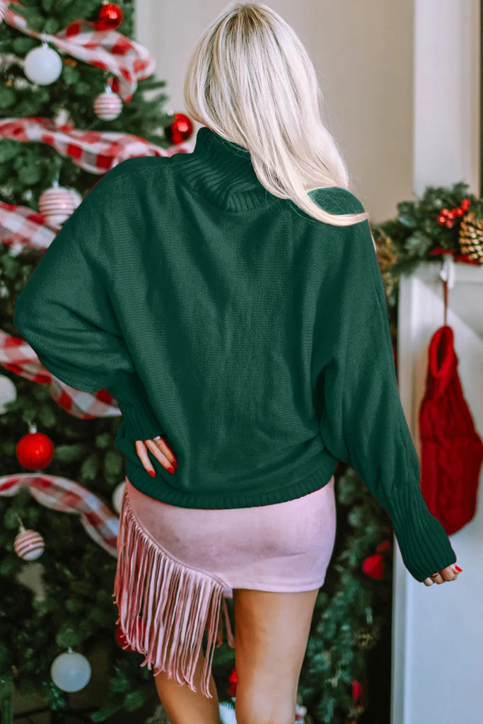 Double Take Full Size Merry Christmas Turtleneck Long Sleeve Sweater - Dark Green by Trendsi from FREYA’S CLOSET