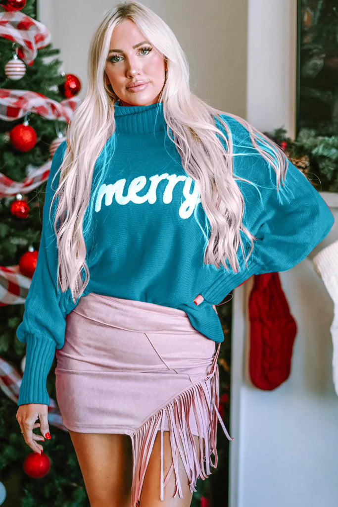 Double Take Full Size Merry Christmas Turtleneck Long Sleeve Sweater - Pastel Blue by Trendsi from FREYA’S CLOSET