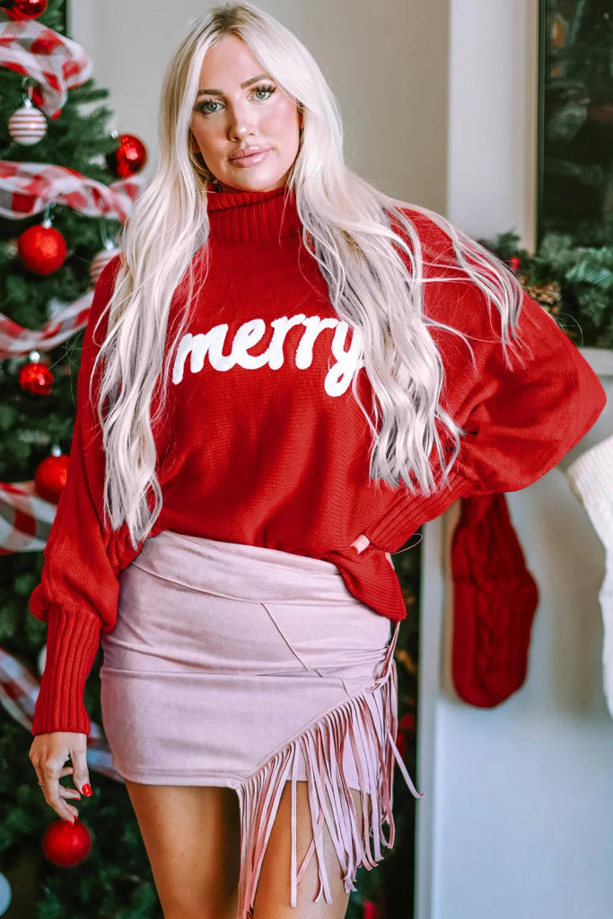Double Take Full Size Merry Christmas Turtleneck Long Sleeve Sweater - Red by Trendsi from FREYA’S CLOSET