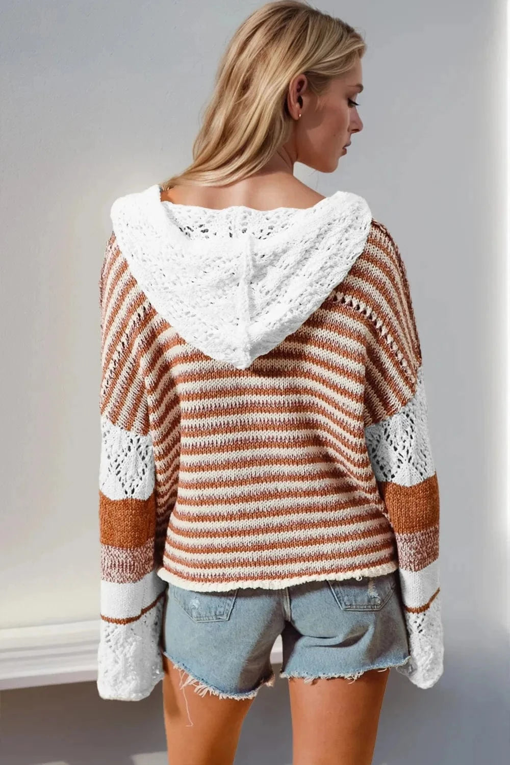 Trendsi Double Take Full Size Openwork Contrast Long Sleeve Hooded Sweater