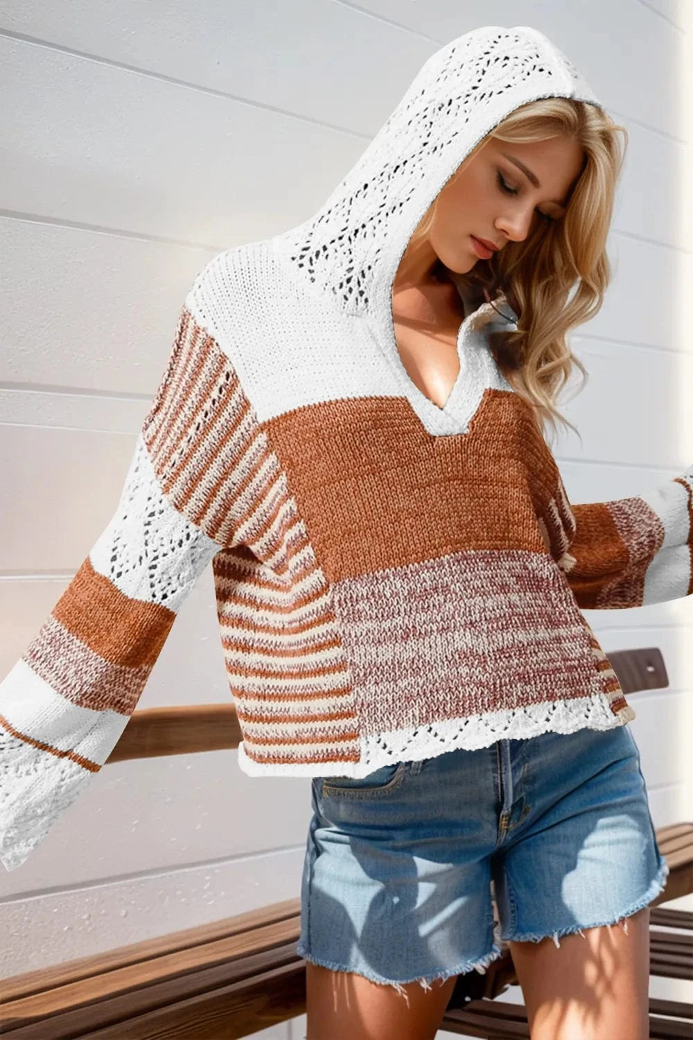 Trendsi Camel / S/M Double Take Full Size Openwork Contrast Long Sleeve Hooded Sweater