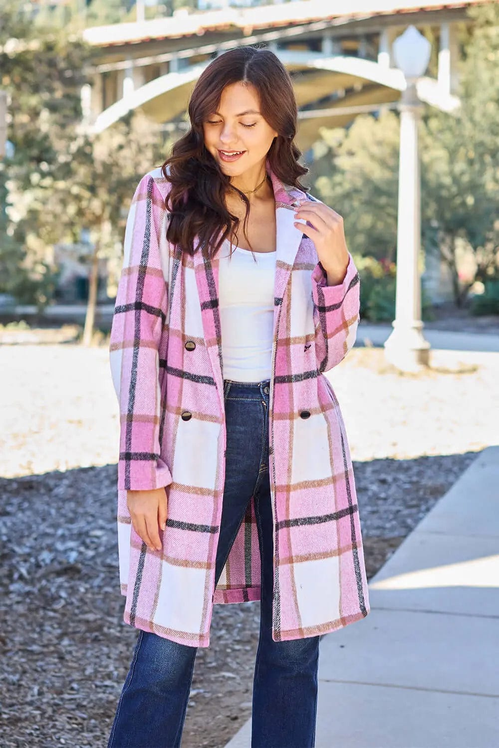 Trendsi Jackets Carnation Pink / S Double Take Full Size Plaid Button Up Lapel Collar Coat