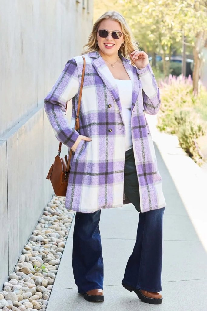 Double Take Full Size Plaid Button Up Lapel Collar Coat - Violet by Trendsi from FREYA’S CLOSET