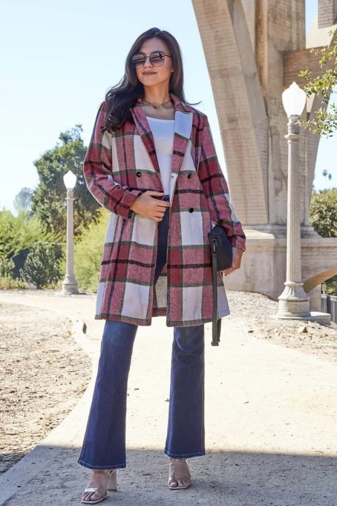 Double Take Full Size Plaid Button Up Lapel Collar Coat - Deep Red by Trendsi from FREYA’S CLOSET