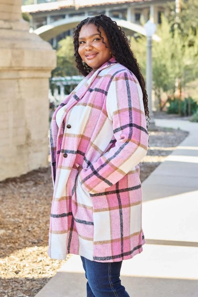 Double Take Full Size Plaid Button Up Lapel Collar Coat - Carnation Pink by Trendsi from FREYA’S CLOSET