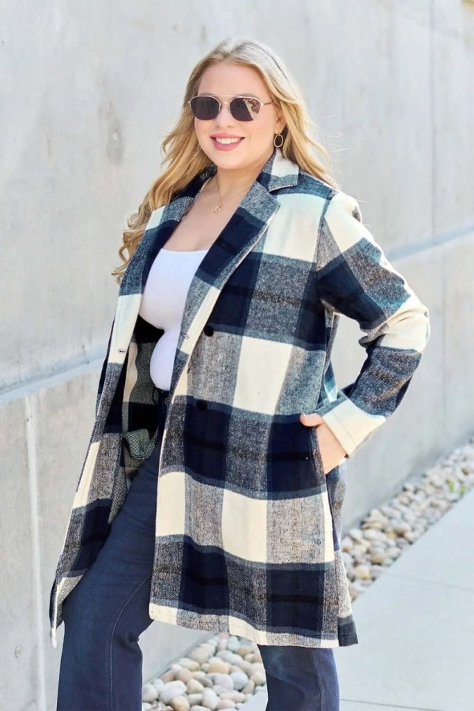 Double Take Full Size Plaid Button Up Lapel Collar Coat - Peacock Blue by Trendsi from FREYA’S CLOSET