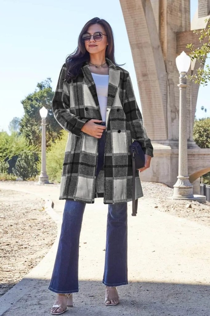 Double Take Full Size Plaid Button Up Lapel Collar Coat - Black by Trendsi from FREYA’S CLOSET