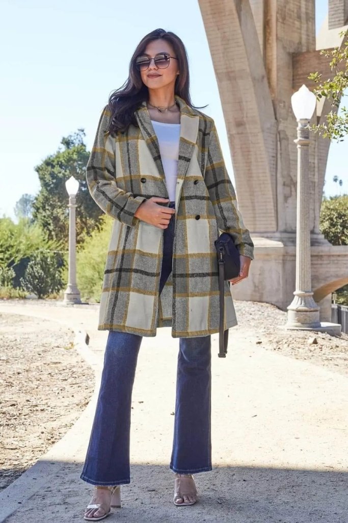 Double Take Full Size Plaid Button Up Lapel Collar Coat - London Plaid by Trendsi from FREYA’S CLOSET