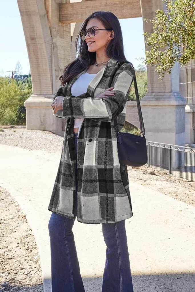 Double Take Full Size Plaid Button Up Lapel Collar Coat - Black by Trendsi from FREYA’S CLOSET