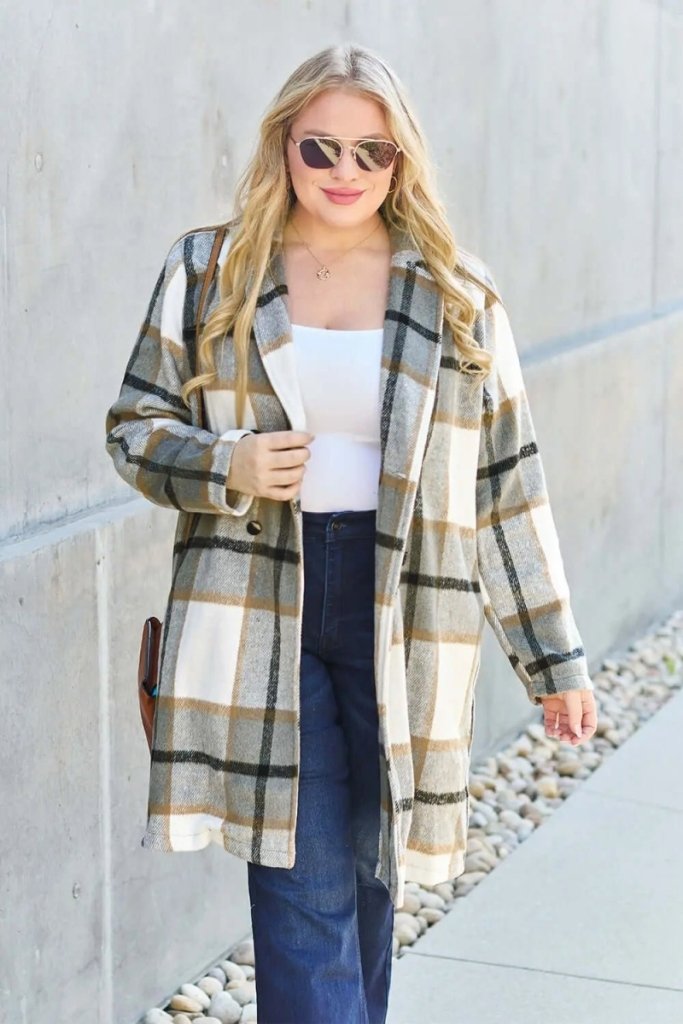Double Take Full Size Plaid Button Up Lapel Collar Coat - London Plaid by Trendsi from FREYA’S CLOSET