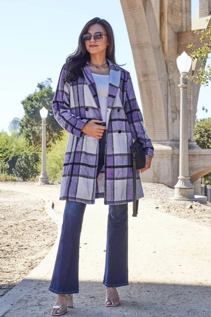 Double Take Full Size Plaid Button Up Lapel Collar Coat - Violet by Trendsi from FREYA’S CLOSET