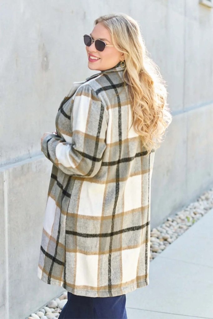 Double Take Full Size Plaid Button Up Lapel Collar Coat - London Plaid by Trendsi from FREYA’S CLOSET
