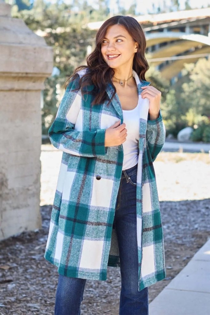 Double Take Full Size Plaid Button Up Lapel Collar Coat - French Blue by Trendsi from FREYA’S CLOSET