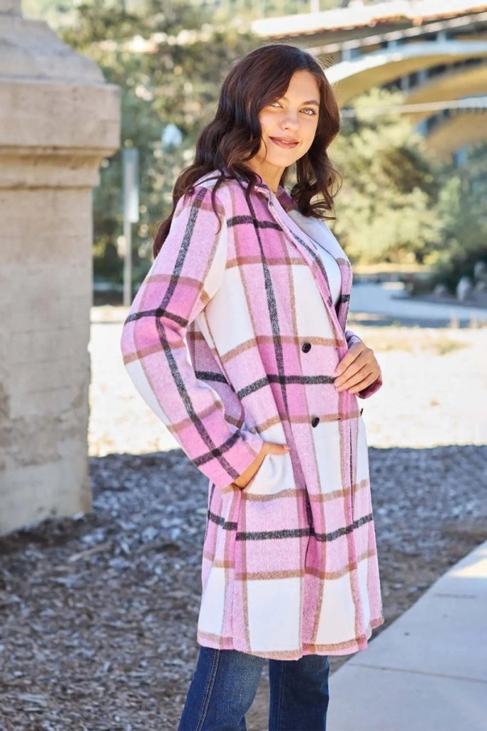 Double Take Full Size Plaid Button Up Lapel Collar Coat - Carnation Pink by Trendsi from FREYA’S CLOSET